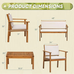 Acacia Wood 4 Piece Patio Conversation Set With Cushions-3