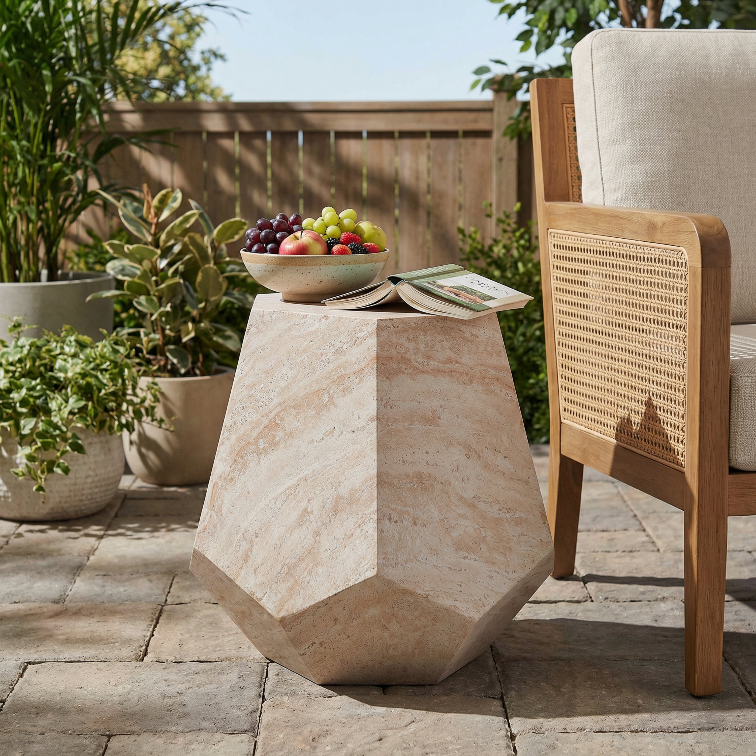 Outdoor setting with a geometric stone table, chair, and potted plants.