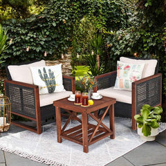 3 Piece Patio Wicker Furniture Set With Beige Washable Cushions And Acacia Wood Coffee Table-1