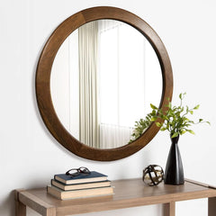 30 Inch Walnut Round Wall Mirror Rustic Style-3