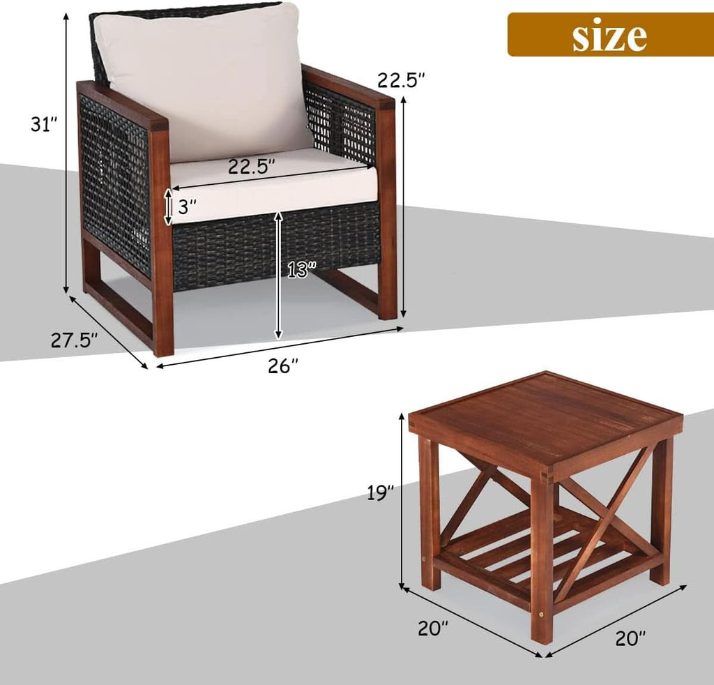 3 Piece Patio Wicker Furniture Set With Beige Washable Cushions And Acacia Wood Coffee Table-4