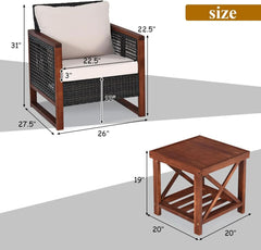 3 Piece Patio Wicker Furniture Set With Beige Washable Cushions And Acacia Wood Coffee Table-4