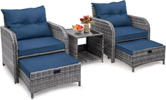 5 Pieces Wicker Outdoor Patio Chairs Set With Ottoman Blue-2