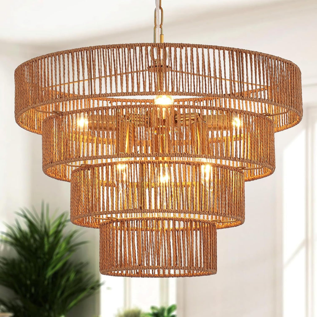 Gold Rattan Chandelier Nineteen Point Seven Inch Boho Chic-0