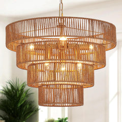 Gold Rattan Chandelier Nineteen Point Seven Inch Boho Chic-0