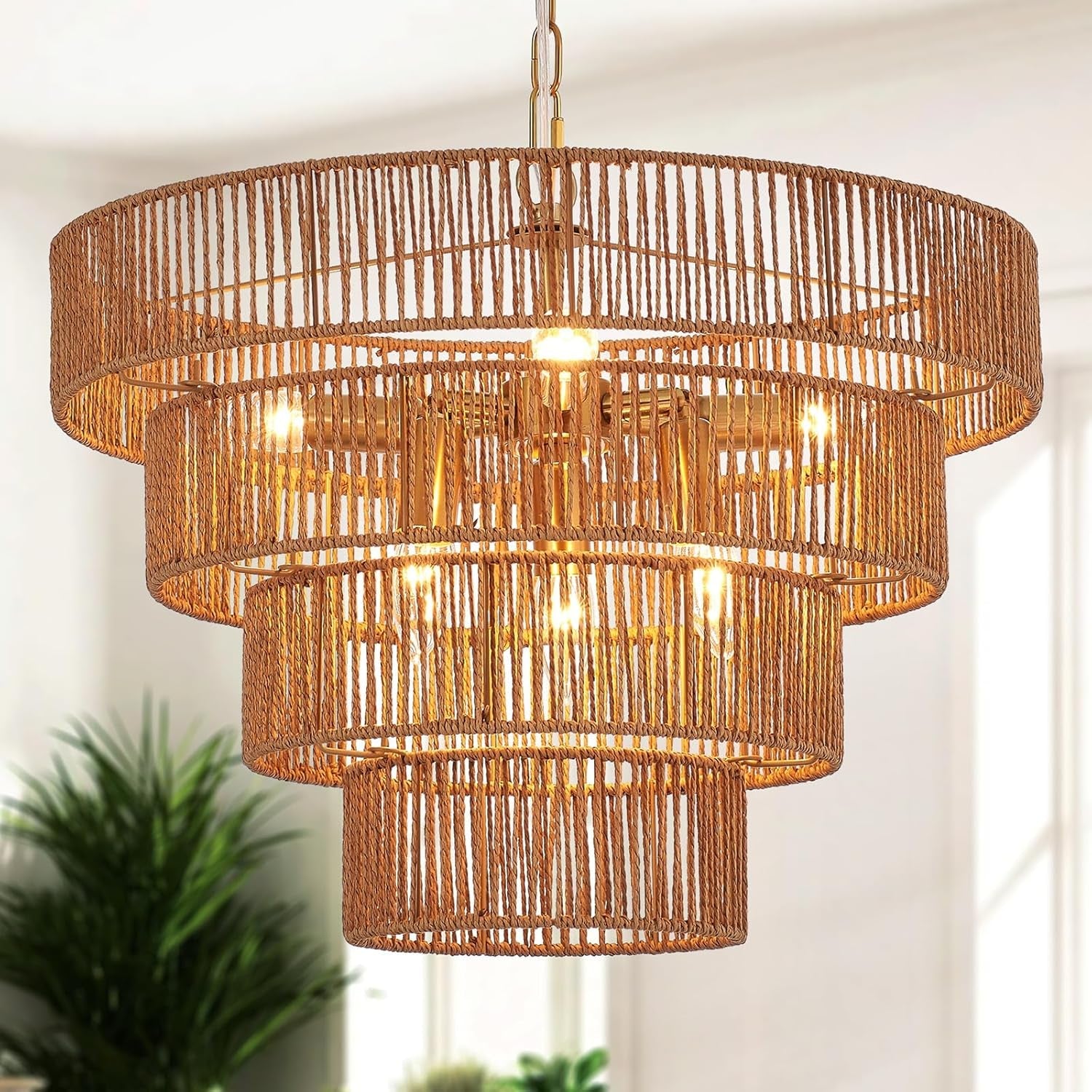 Gold Rattan Chandelier Nineteen Point Seven Inch Boho Chic-0