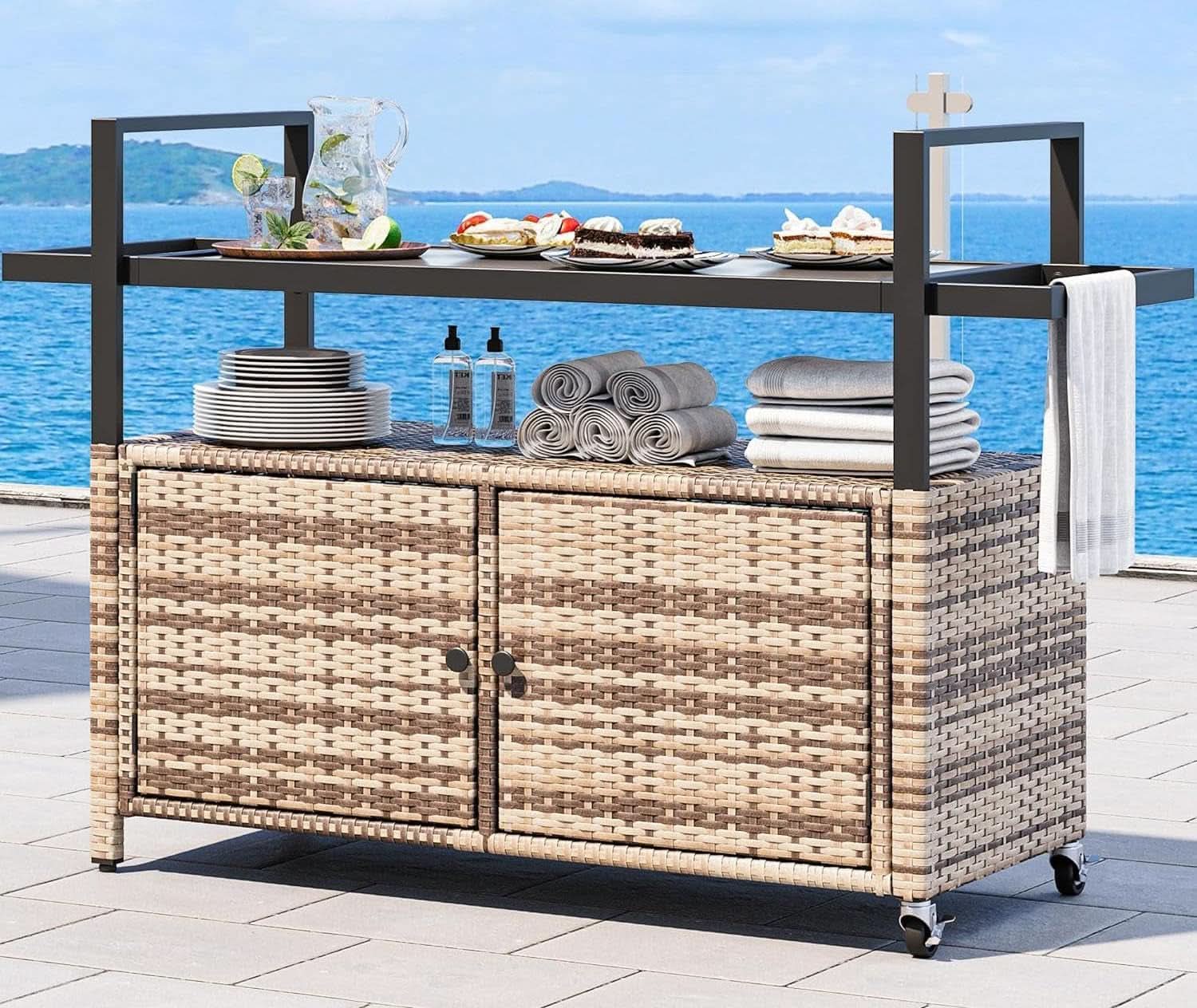 Large Outdoor Kitchen Rolling Cart With Black Glass Top-0