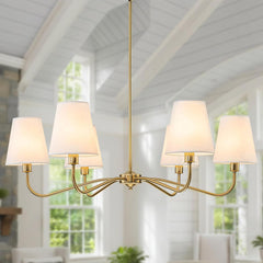 36-Inch Goldtone Brass Chandelier With Fabric Shade-0