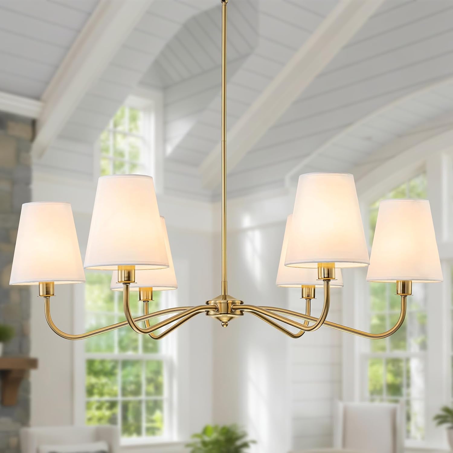 36-Inch Goldtone Brass Chandelier With Fabric Shade-0
