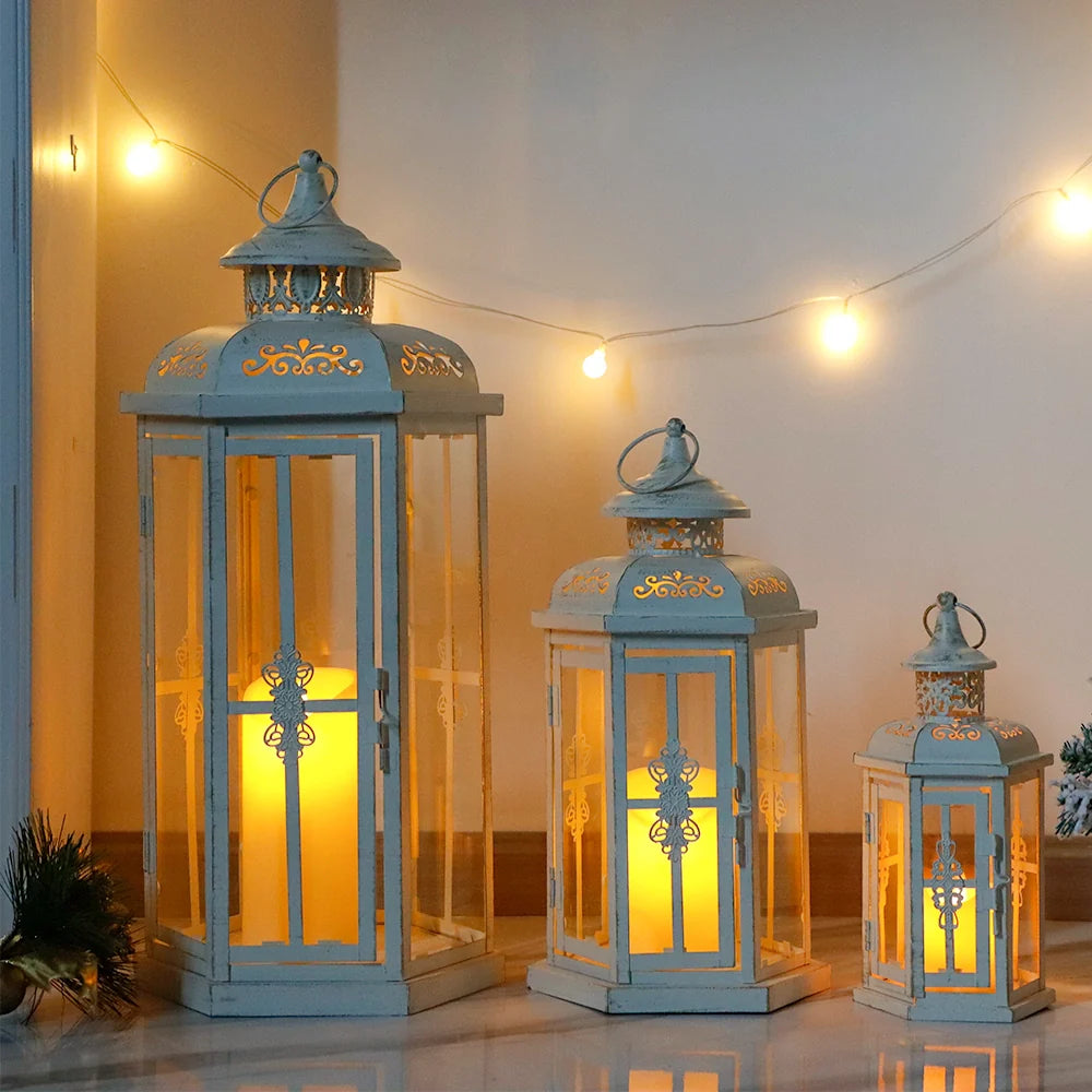 Set of 3-20''&14"&10" H Candle Lanterns (White with Gold Brush)-2