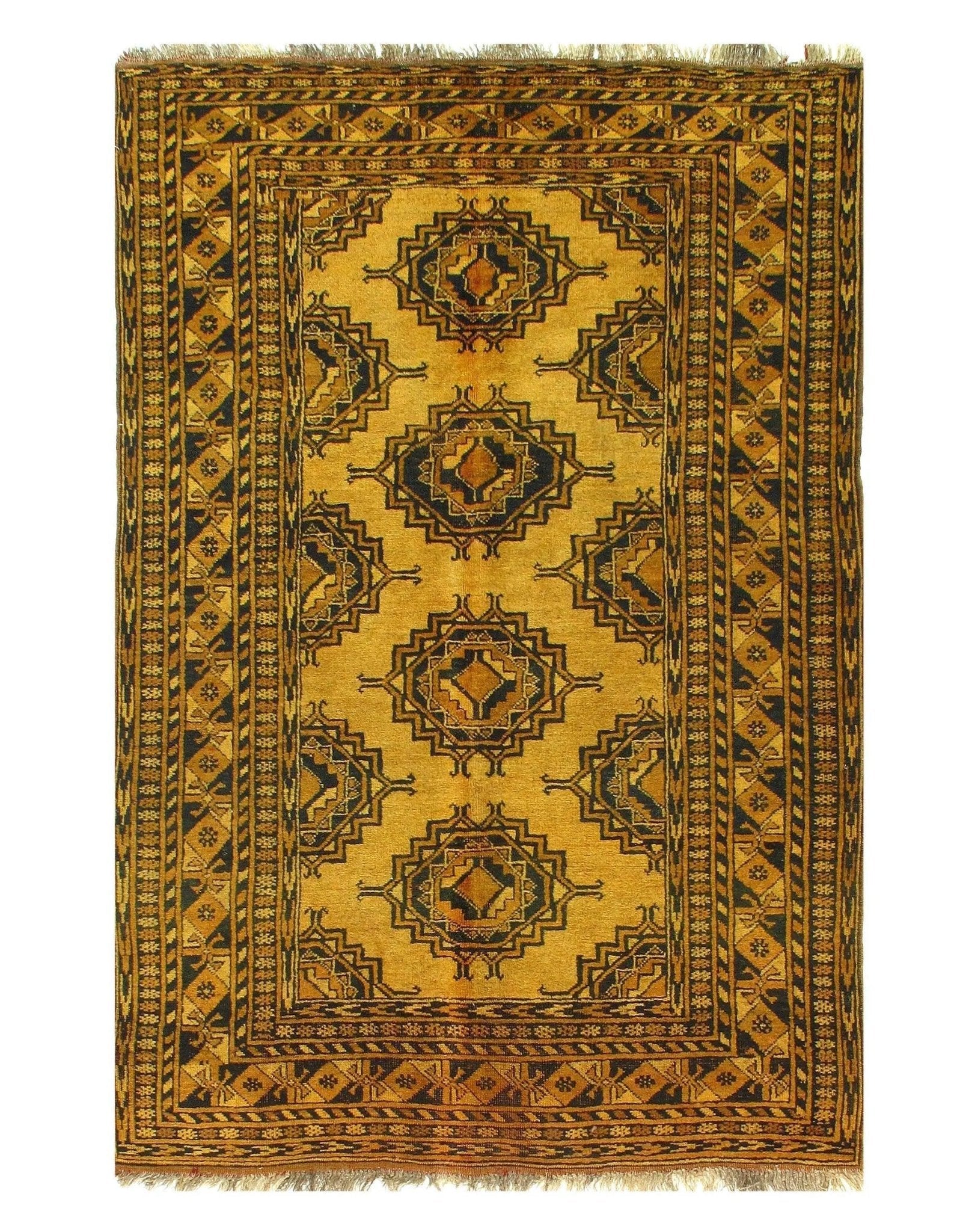 Canvello Gold Color Antique Afghani Yamoud Rug - 4'4'' X 6'8''