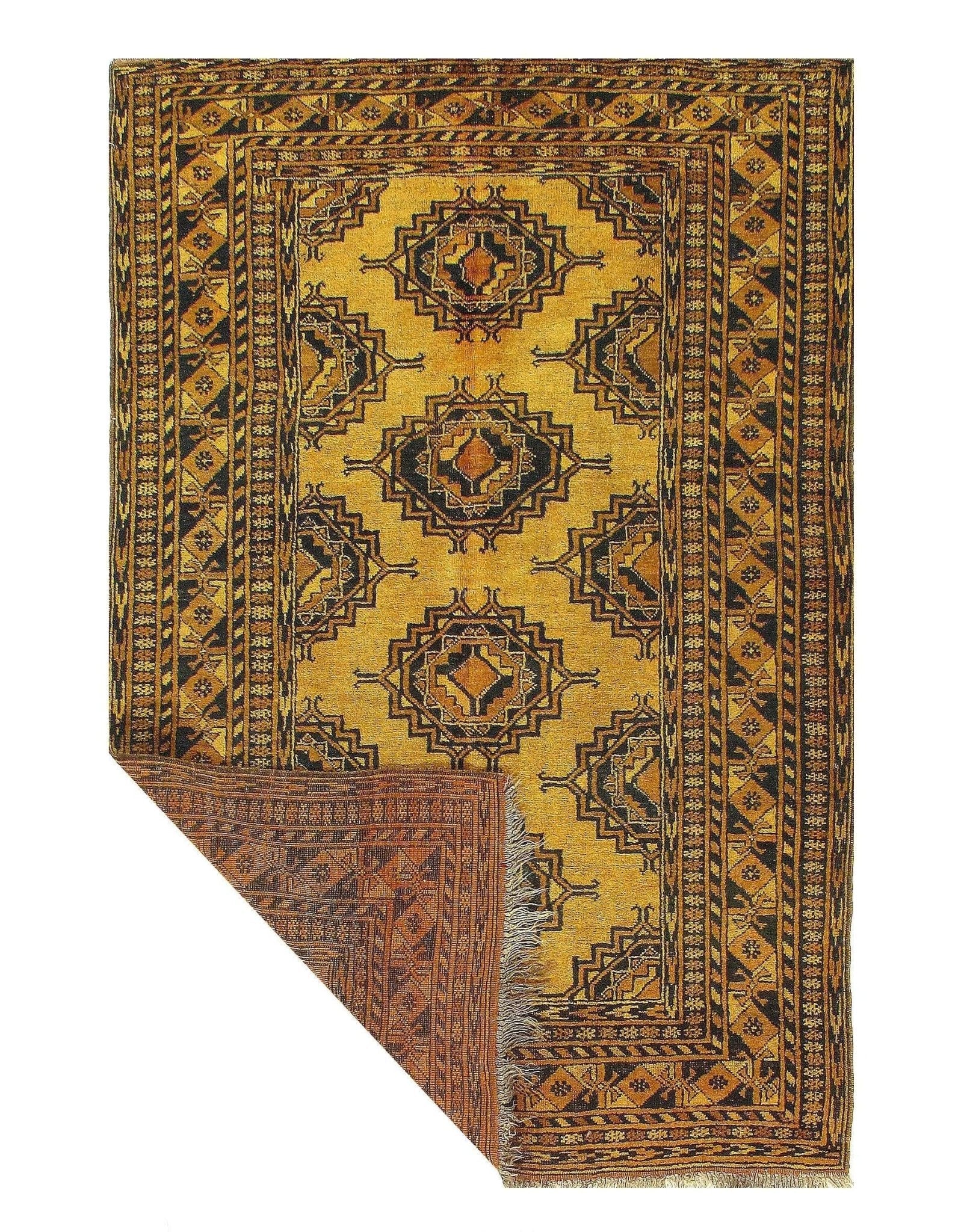 Canvello Gold Color Antique Afghani Yamoud Rug - 4'4'' X 6'8''