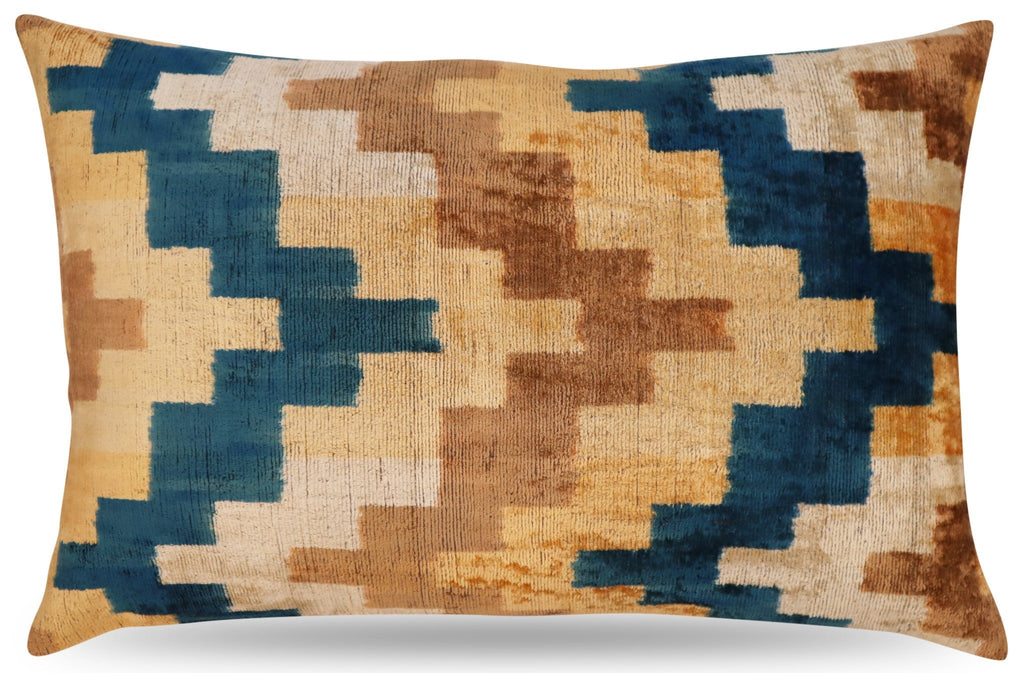 Canvello Handmade Earhtone Geometric Silk Velvet Ikat pillow - 16"X24"-0