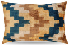 Canvello Handmade Earhtone Geometric Silk Velvet Ikat pillow - 16"X24"-0