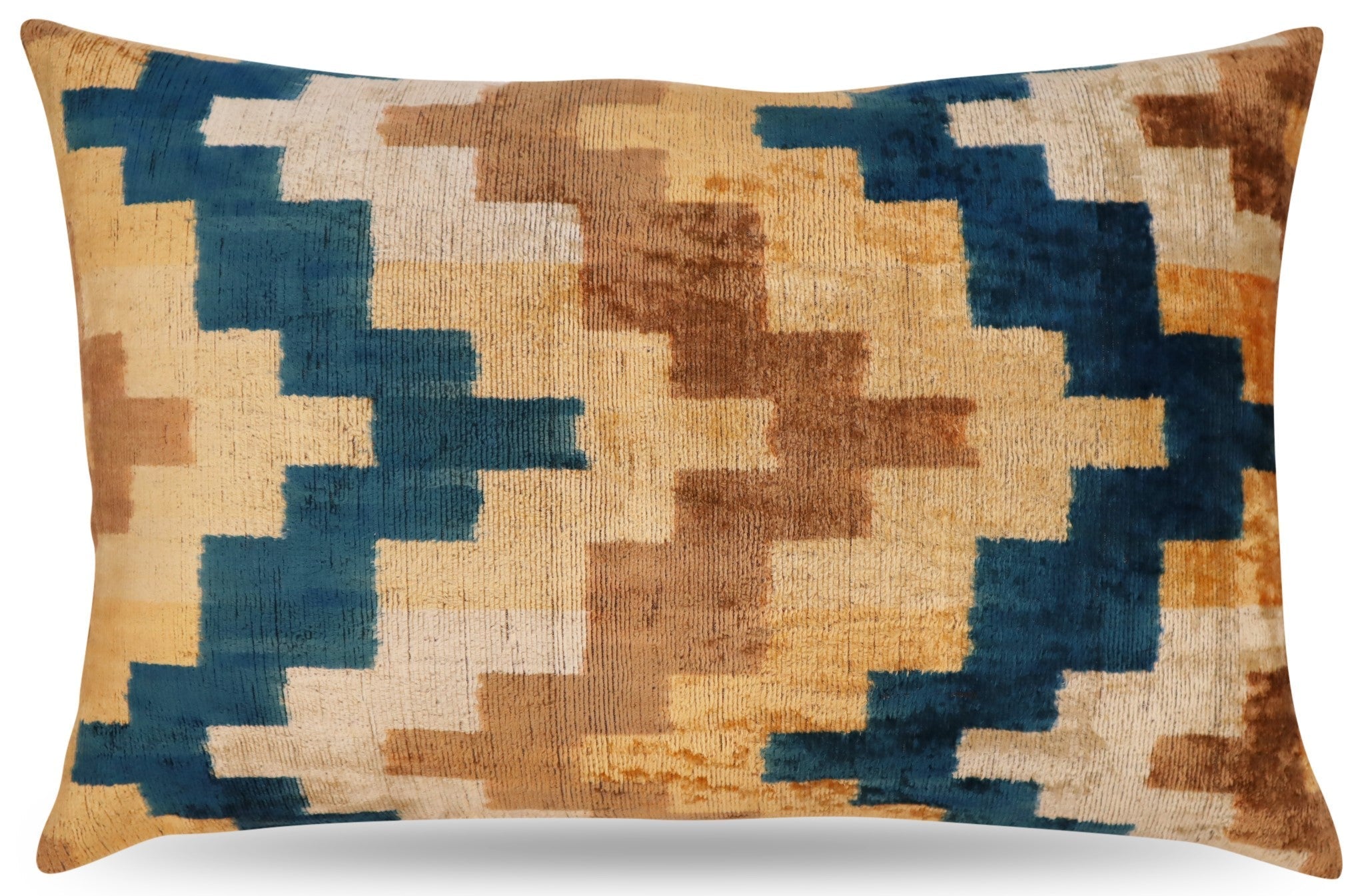 Canvello Handmade Earhtone Geometric Silk Velvet Ikat pillow - 16"X24"-0