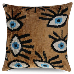 Canvello Handmade Luxury Handmade Velvet Silk Evil Eye Throw Pillow With Down Insert - 16x16 in