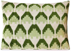 Canvello Handmade Velvet Lumbar Pillow in Green and Cream Ikat Design - High-Quality Decorative Accent with Premium Down Feather Insert