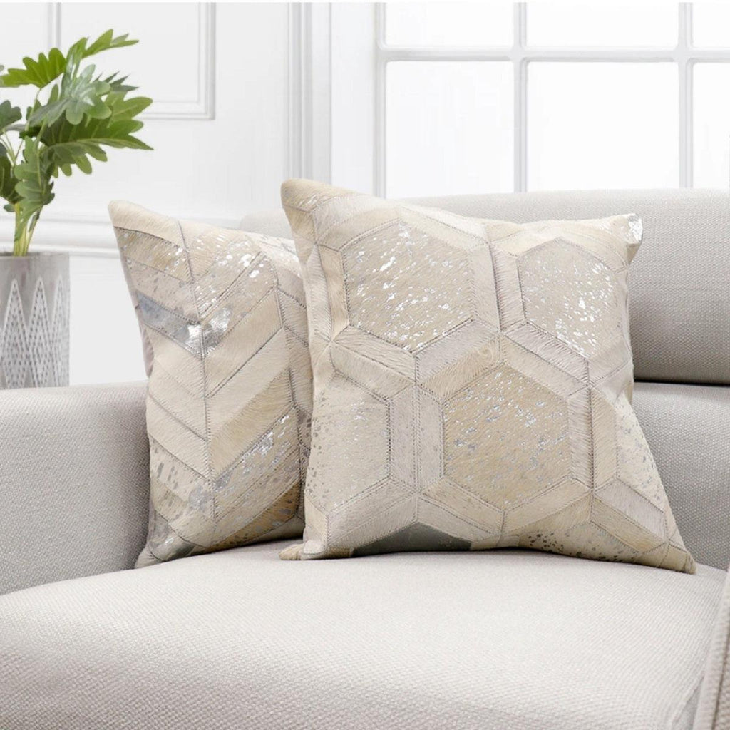 Canvello Safari Geometric Silver Cowhide 17" Decorative Throw Pillow-3
