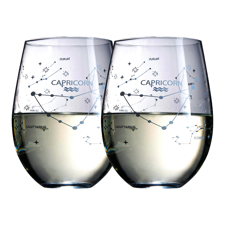 Set of 2 Zodiac Sign Wine Glasses with 2 Wooden Coasters (Capricorn)-0