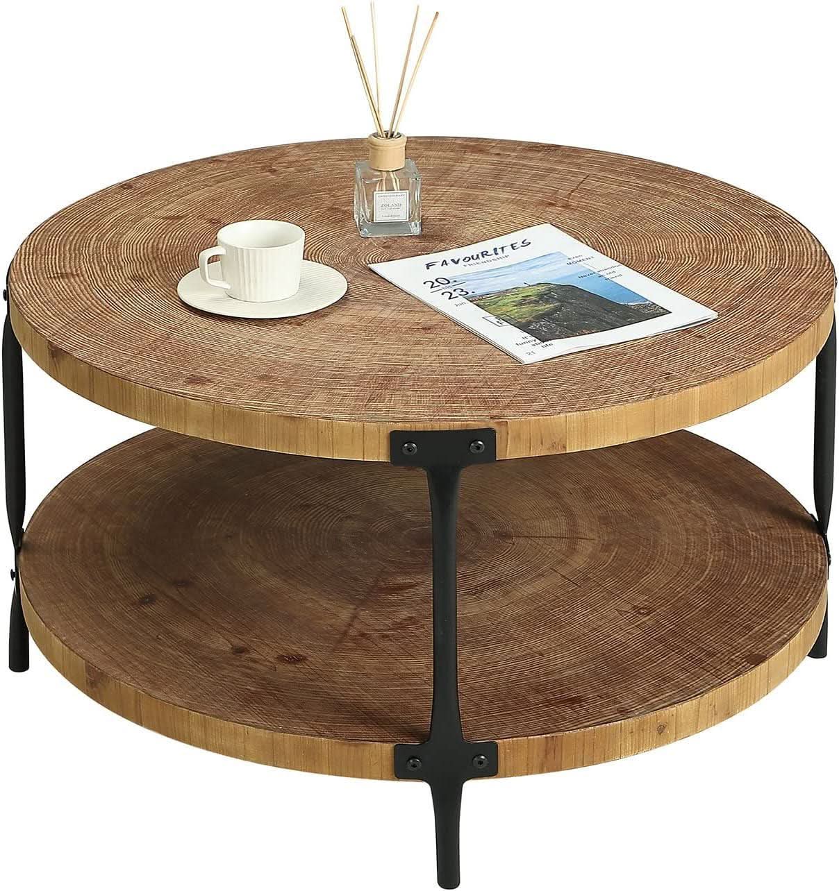 Round Boho Solid Hardwood Coffee Table 29 Inch Natural-0