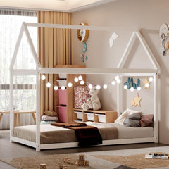 Twin House Bed Frame With Roof Canopy Montessori For Kids-1