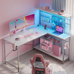 51 Inch L Shaped Gaming Desk With LED Lights And Outlets-1