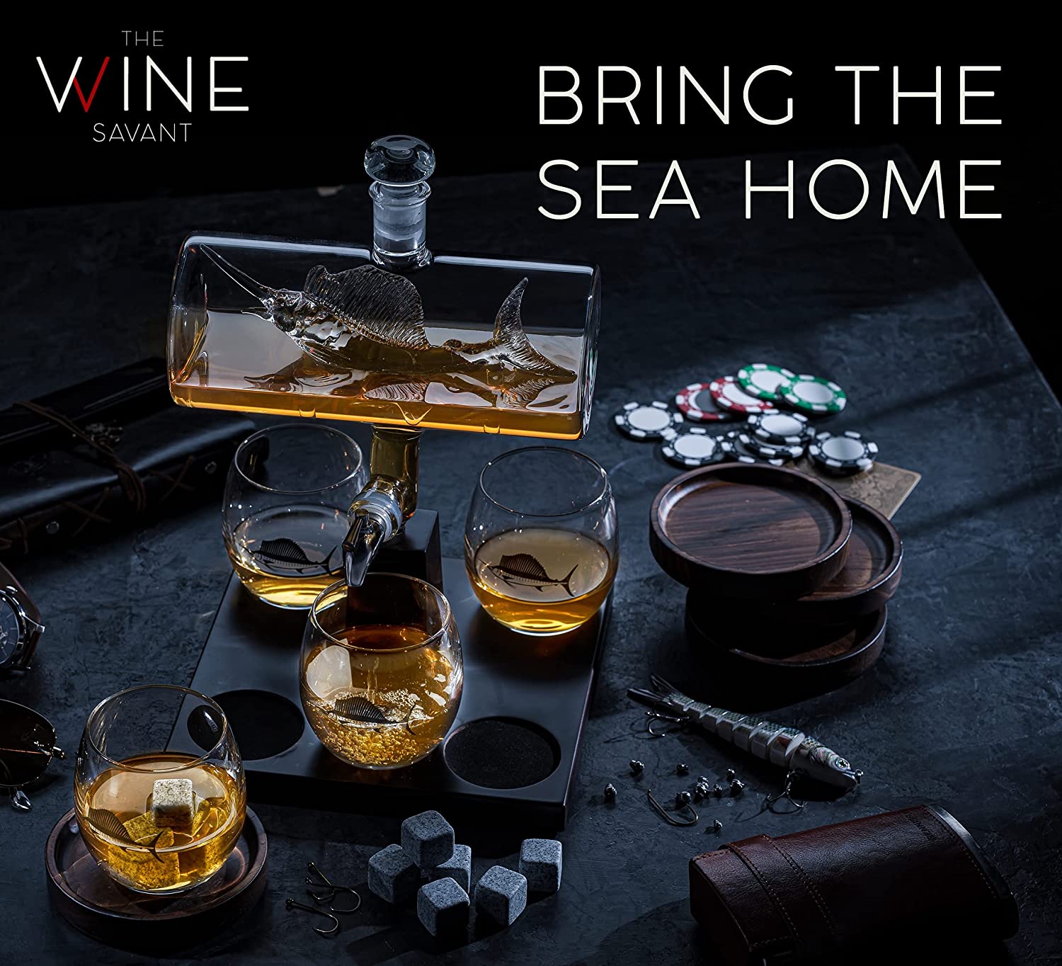 Swordfish & Sailfish Wine & Whiskey Decanter Dispenser and 4 Liquor Glasses-1