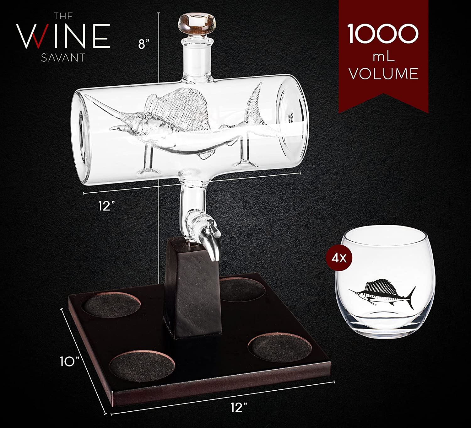 Swordfish & Sailfish Wine & Whiskey Decanter Dispenser and 4 Liquor Glasses-2