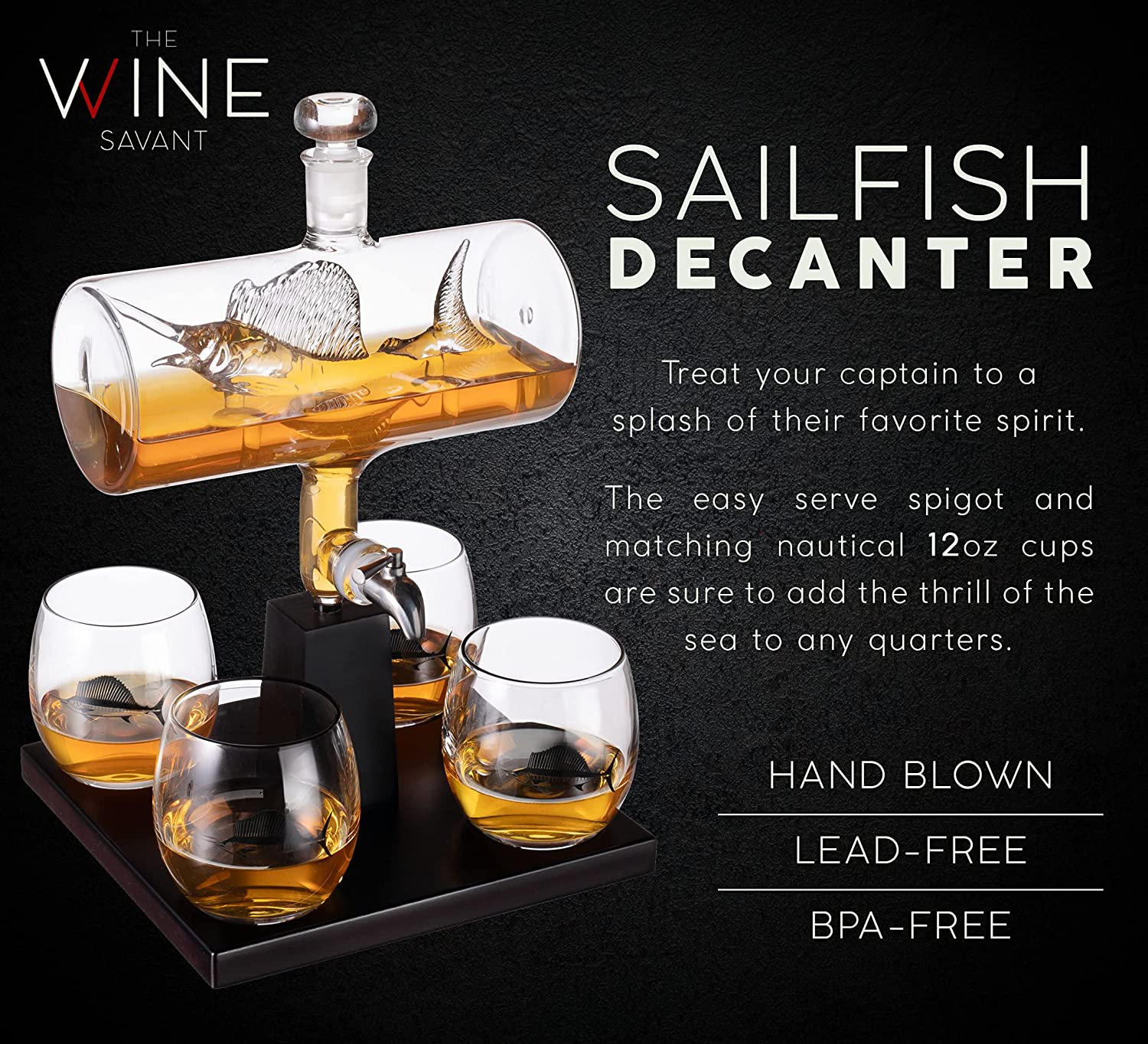 Swordfish & Sailfish Wine & Whiskey Decanter Dispenser and 4 Liquor Glasses-3