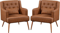Two Brown Leatherette Mid Century Accent Chairs Set-1