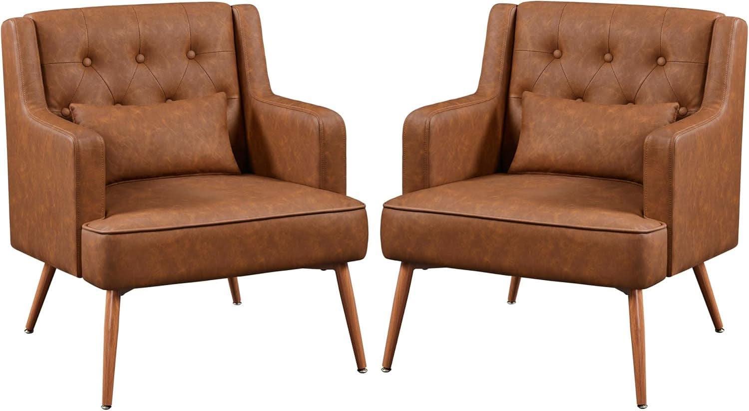 Two Brown Leatherette Mid Century Accent Chairs Set-1