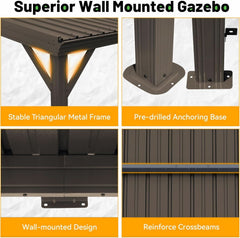 12x20 Ft Lean-To Gazebo Wall-Mounted Hardtop Brown-3