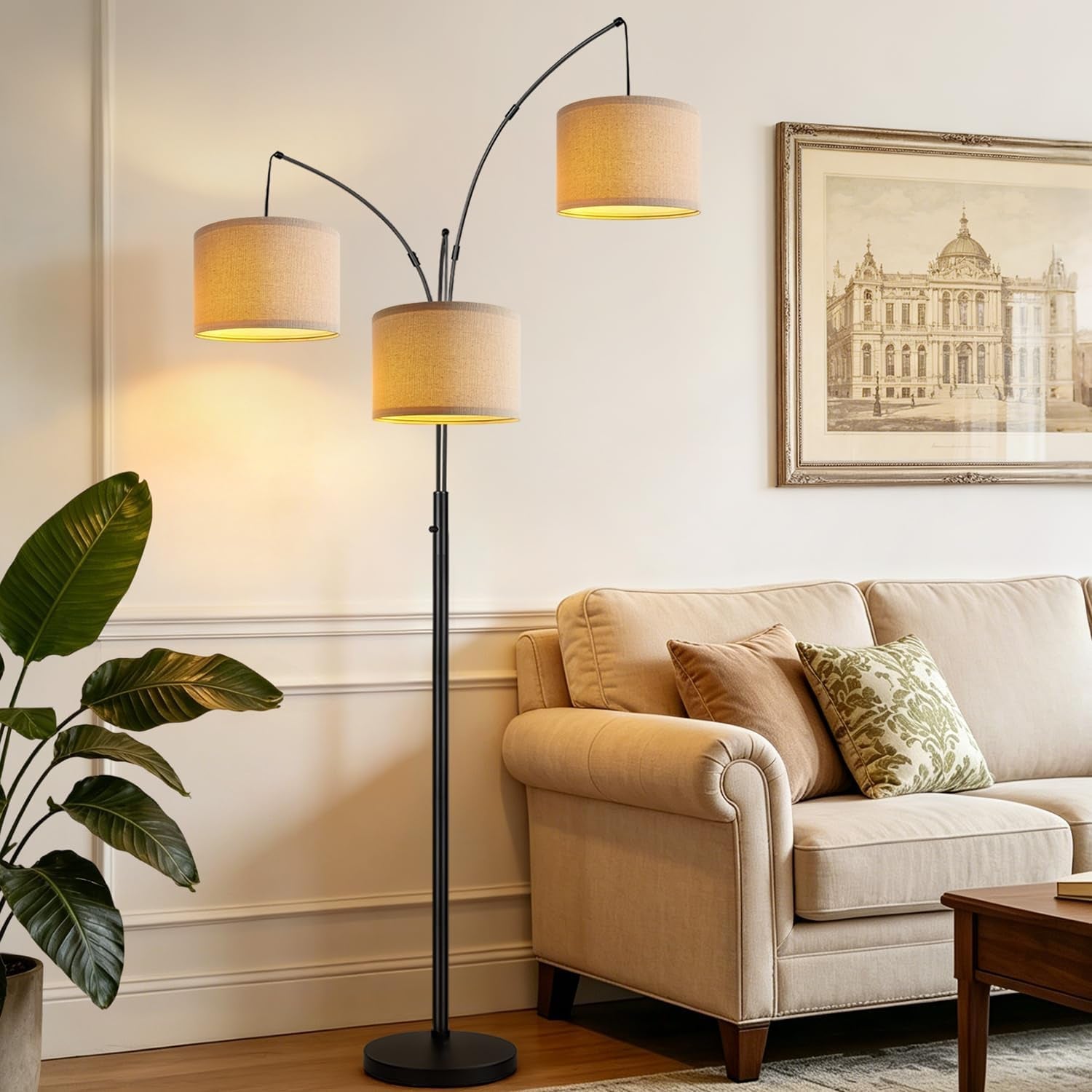 Dimmable Ultra-Tall Arc Floor Lamp Beige-Tone Shade-0
