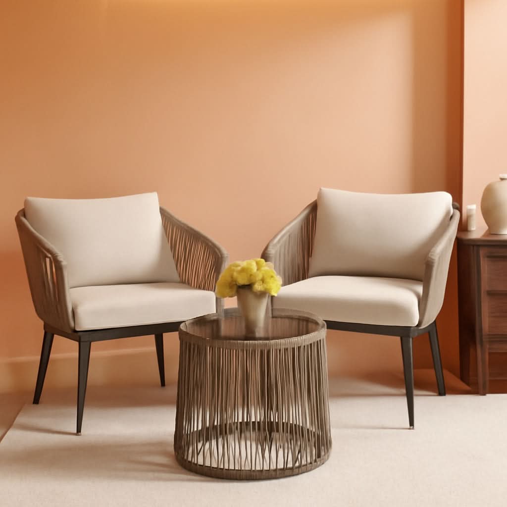 Beige 3 Piece Patio Rattan Bistro Conversation Set Outdoor Wicker Chairs And Side Table-0