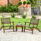 3 Piece Patio Conversation Set With Solid Eucalyptus Wood Frame And Brown Rattan Wicker-2
