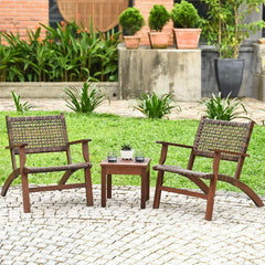 3 Piece Patio Conversation Set With Solid Eucalyptus Wood Frame And Brown Rattan Wicker-2