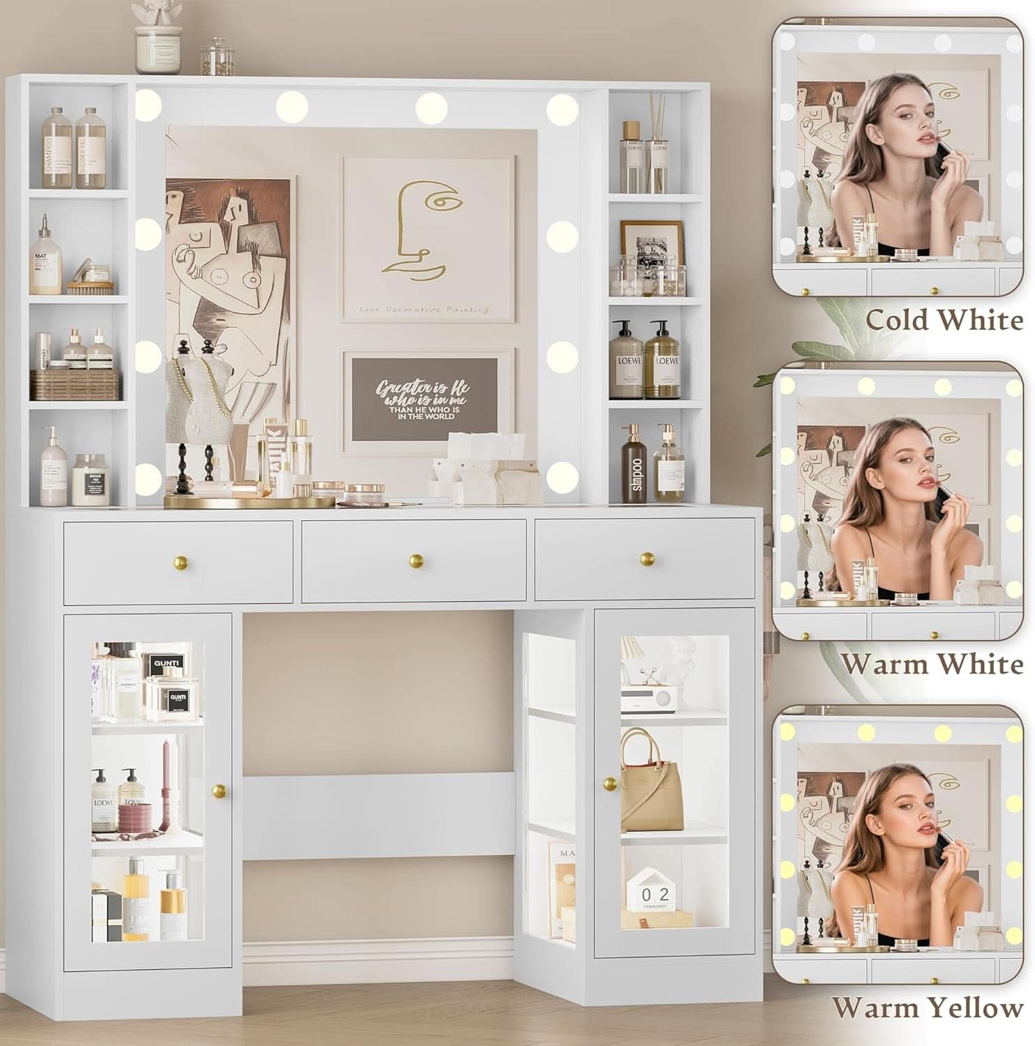 White LED Lighted Makeup Vanity Desk with Drawers-2