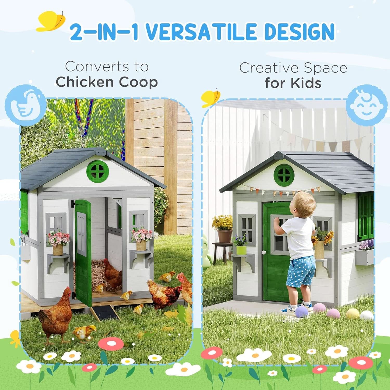 Outdoor Wooden Cottage Playhouse With Planter Boxes-3