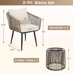 Beige 3 Piece Patio Rattan Bistro Conversation Set Outdoor Wicker Chairs And Side Table-4