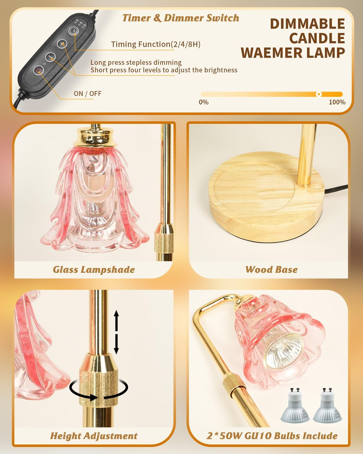 Pink Multifunctional Candle Warmer Lamp Timer Dimmable-4