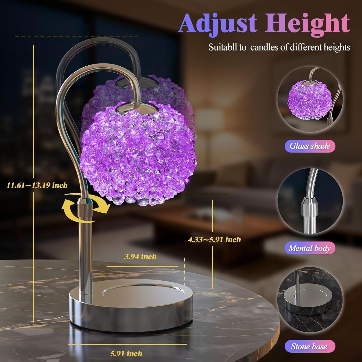 Purple Crystal Quartz Gemstone Candle Warmer Lamp LED