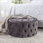Grey Velvet Button Tufted Diamondlike Stitch Ottoman-1