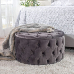 Grey Velvet Button Tufted Diamondlike Stitch Ottoman-1