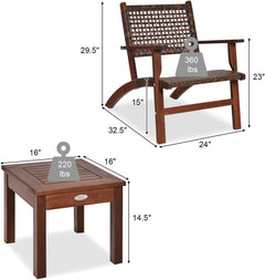 3 Piece Patio Conversation Set With Solid Eucalyptus Wood Frame And Brown Rattan Wicker-4