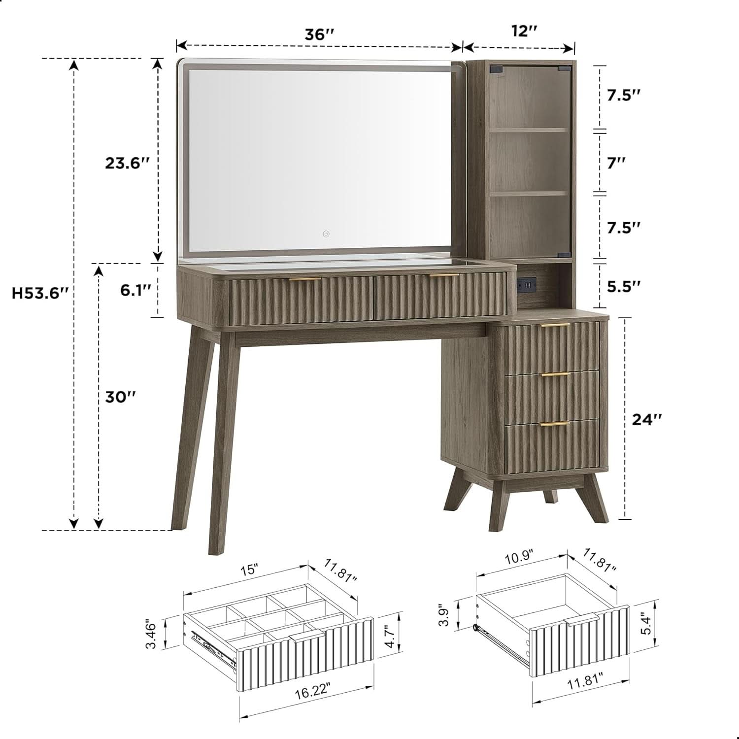 48 Inch Fluted Vanity Desk Large Mirror Panel LED With Adjustable Brightness-1
