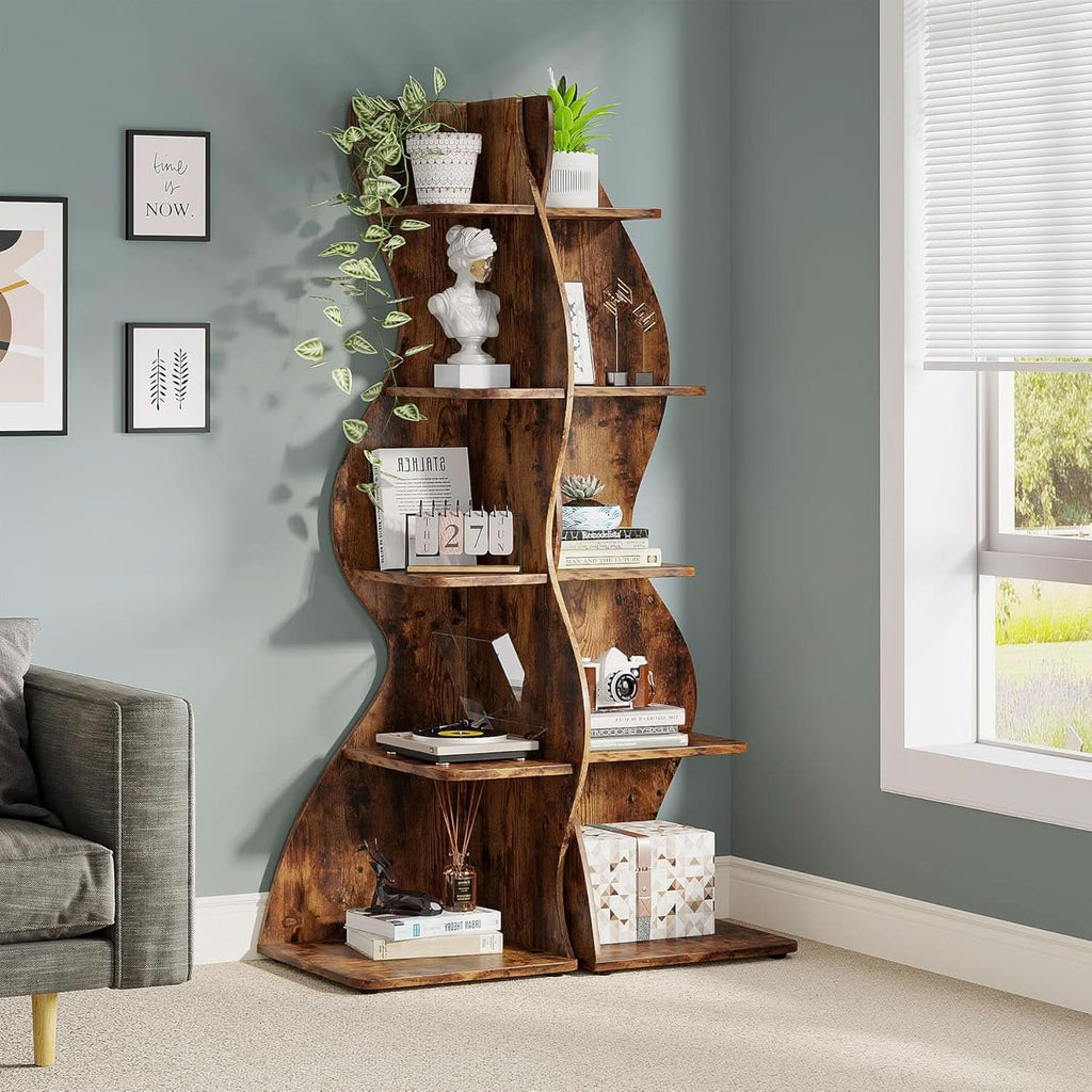 Rustic 5-Tier Corner Shelf All-Brown Bookshelf Storage-4