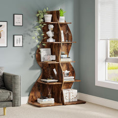 Rustic 5-Tier Corner Shelf All-Brown Bookshelf Storage-4