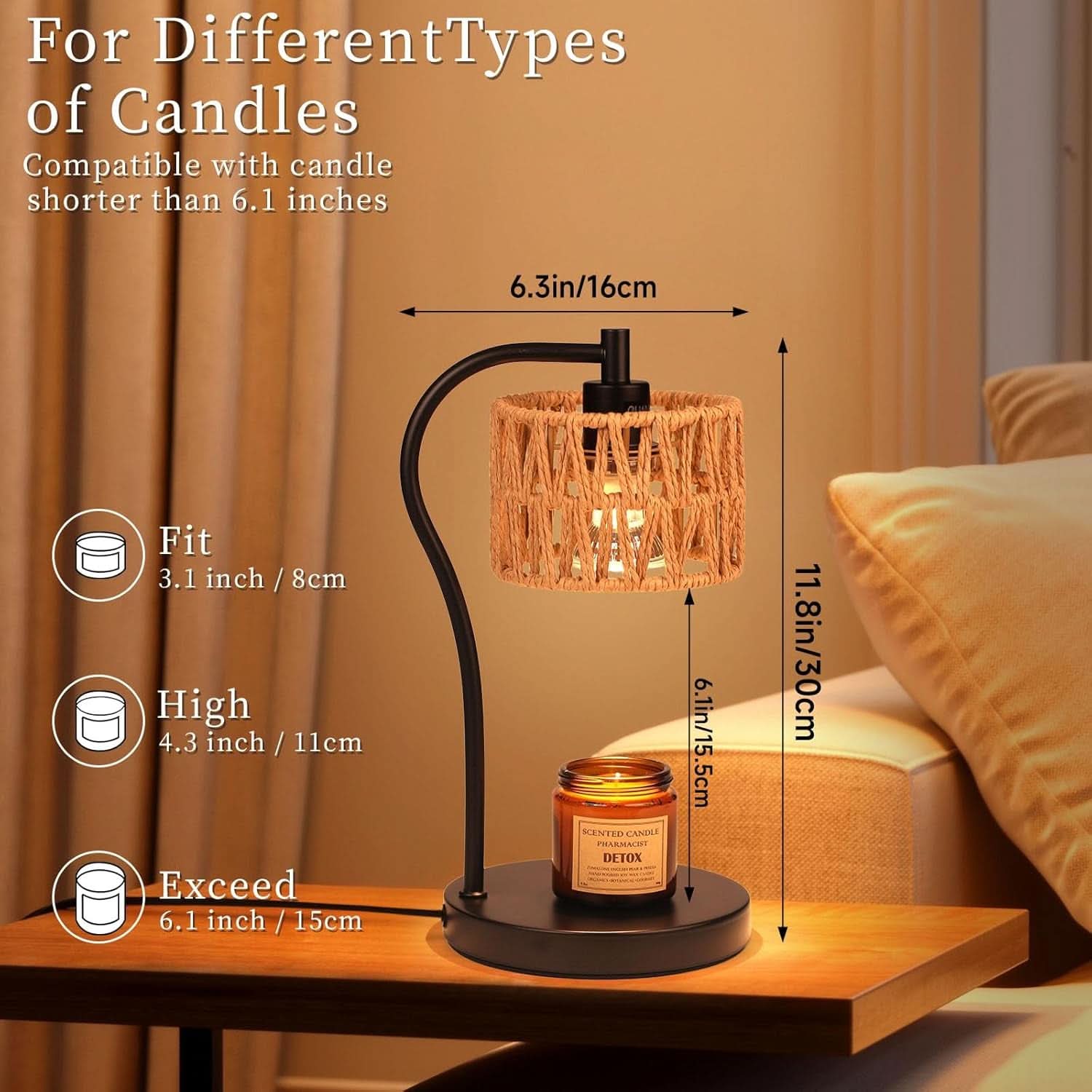 Candle Warmer Lamp With Fully Dimmable Rattan Shade