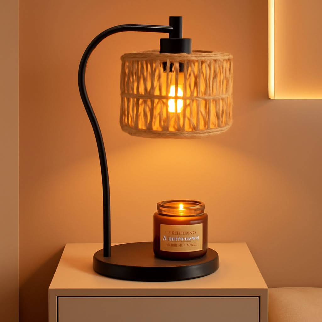 Candle Warmer Lamp With Fully Dimmable Rattan Shade