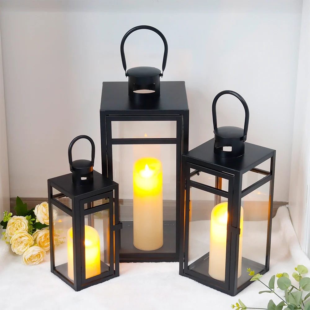  Set of 3 Stainless Steel Lantern (12/15/19'') -Black-0